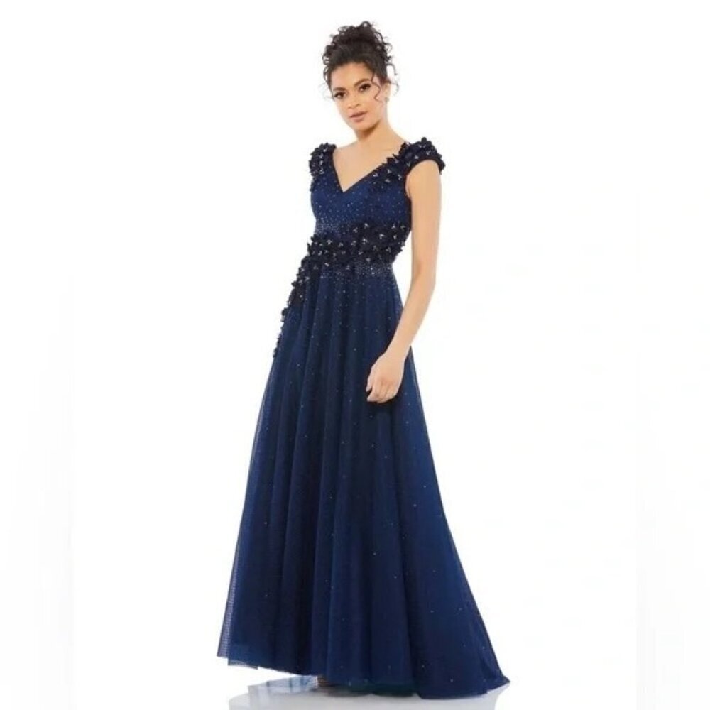 Mac Duggal 11152 3D Floral Applique A-Line Evening Gown Midnight Blue Sz. 20 NWT